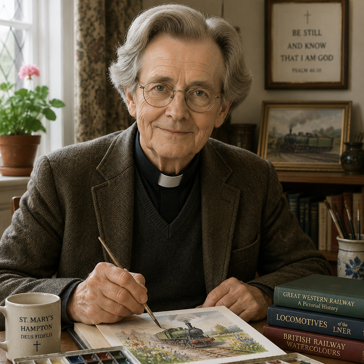 The Rev Cyril Hobson, contributing illustrator to Pembroke Games, with one of his railway watercolours
